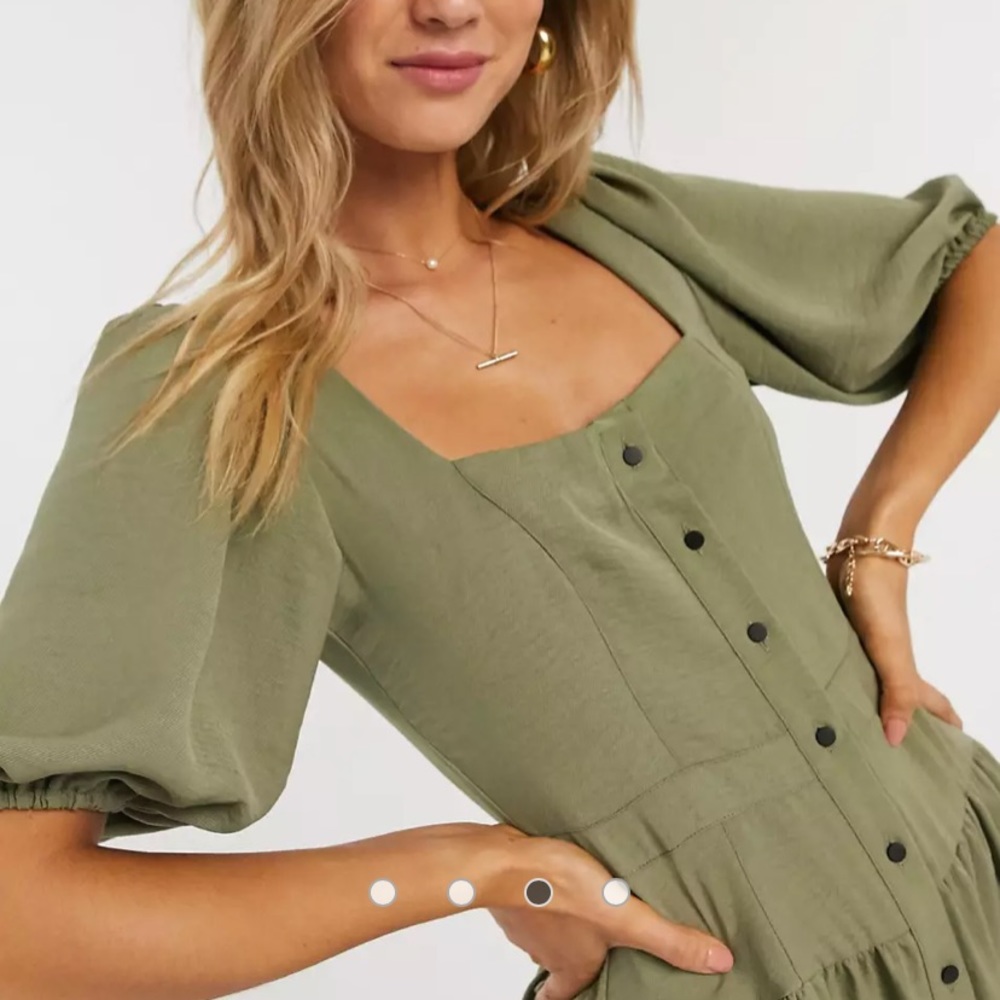 ASOS DESIGN button through midi tea dress with puff sleeves in khaki, Size 2